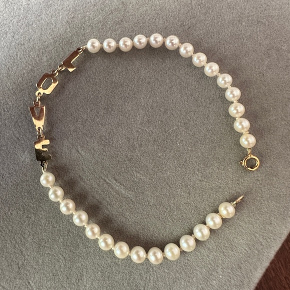 14K Solid Gold LOVE letters 4MM Cultured Pearl Strand Bracelet Round Length 7” - Picture 2 of 5